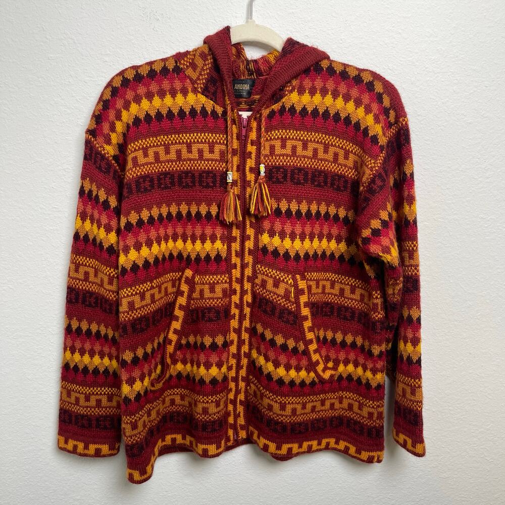 Via Andina 100% Alpaca Hooded Zip Sweater Jacket Fair Isle Andean Knit Peru